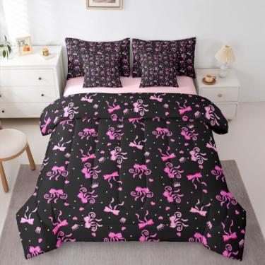 Imagem de Erosebridal Jogo de cama solteiro com laço de fita rosa, 7 peças, para meninas | Conjunto de edredom com gravata borboleta rosa e preta, lençol de cima com elástico para crianças e adolescentes, linda