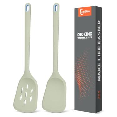 Imagem de Espátula de silicone e espátulas com fenda, pacote com 2 | Conjunto de utensílios de cozinha para cozinhar, fritar, assar, virar, virar e resistente ao calor 232 °C (verde)