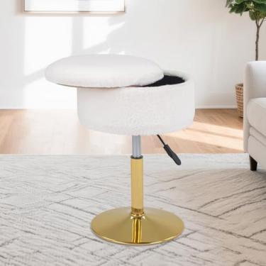 Imagem de LITZFUR Banqueta ajustável para sala de maquiagem, cadeira giratória dourada de 360°, apoio para os pés otomano de armazenamento redondo de pele sintética para sala de estar e quarto, branco