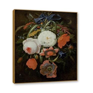 Imagem de NHLDZYH Moldura de madeira de teca. Flores clássicas Natureza Morta Tela Retrô Buquê de Flores Pinturas Estilo Country Decoração de Parede para Cozinha e Sala de estar. B02. 40 x 48 cm