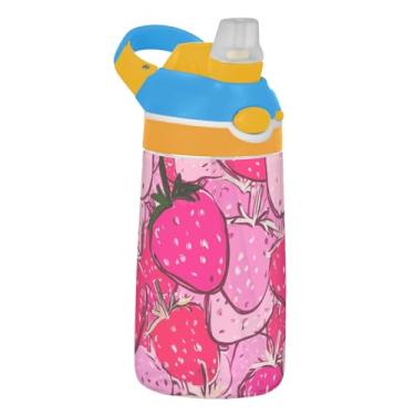 Imagem de Garrafa de água infantil de 473 ml com tampa de palha, garrafa de água esportiva reutilizável para escola, à prova de vazamento, copo infantil Tritan de 473 ml, alça de transporte, desenho animado