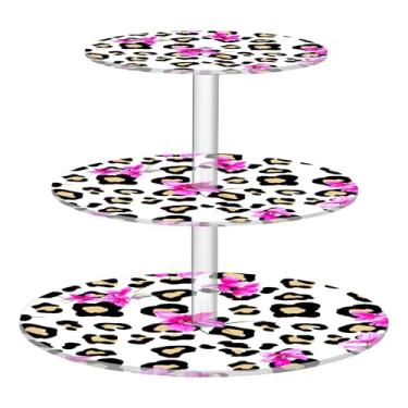 Imagem de Suporte de cupcake preto leopardo rosa floral branco para festa de chá de 3 camadas, copo redondo, torre de bolo, exibição de acrílico, decoração de festa de chá, suporte de comida, lanche