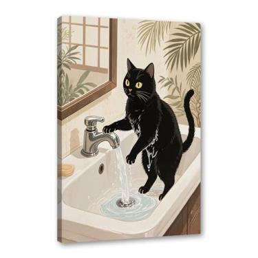 Imagem de Arte de parede em tela de gato preto engraçado na banheira gato fofo lavar suas patas lendo pôster de jornal banheiro impressões animais decoração de parede (SKU3,27.9x35.6 cm = (28x35cm), emoldurado