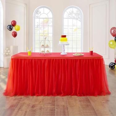 Imagem de NSSONBEN Saia de mesa de tule vermelha de 424 cm para mesas retangulares de 1,6 m, 2 camadas de tule tutu vermelho com babados, saias de mesa de pano, 4,3 m para festas de aniversário, chá de bebê