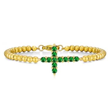Imagem de Pulseira feminina com cruz de pedra do mês de nascimento, banhada a ouro 14 k, delicada, de aço inoxidável, zircônia cúbica, contas de fé, ajustável, moderna, joia de presente, Large, Aço inoxidável