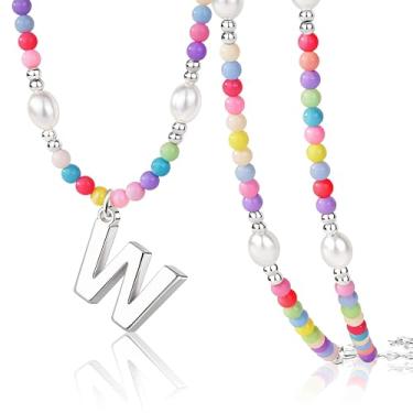 Imagem de Poxtex Lindos colares de contas com inicial para meninas, elegantes e coloridas, pérolas, letras, gargantilhas, para mulheres, adolescentes, feito à mão, banhado a ouro 14K, boêmio, joias