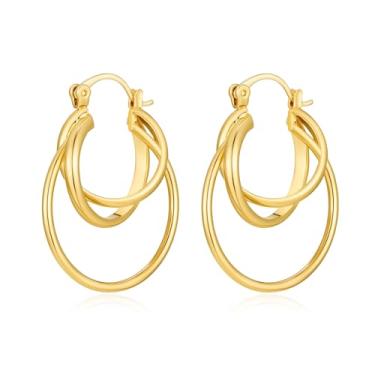 Imagem de FILMOON Brincos femininos de argola em camadas de ouro 18 quilates banhados a ouro fino entrelaçado, joias chiques