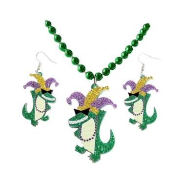 Imagem de Todu Colar de brincos de carnaval com lantejoulas brilhantes conjunto de joias de crocodilo corrente de contas verdes carnaval festa carnaval roupa de carnaval para mulheres, 1 Pc+1 Pair, Zinco