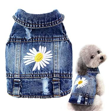 Imagem de pawstrip Dog Jean Jacket Summer Cool Puppy Denim Dress Classic Daisy Kitten Doggy Cowboy Vests Cute Pet Cats Lapel Skirt Outfit Medium Small Dogs Vintage Washed Shirt Soft Comfort Pug Apparel