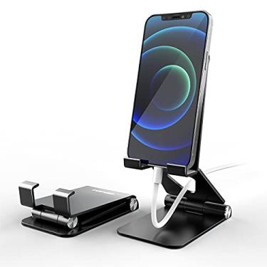 Imagem de Suporte de celular ajustável para aumentar totalmente dobrável de alumínio grosso para mesa de celular com base antiderrapante e porta de carregamento conveniente para iPhone para mesa de cabeceira, escritório, mesa de cabeceira