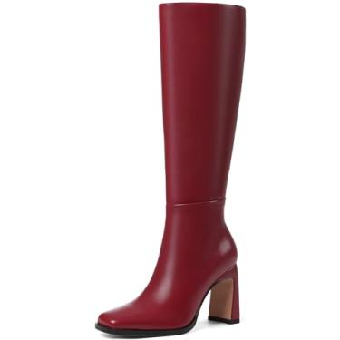 Imagem de Phefarer Botas de cano alto até o joelho para mulheres bico quadrado salto grosso botas altas outono inverno moda vestido botas longas, Borgonha, 39