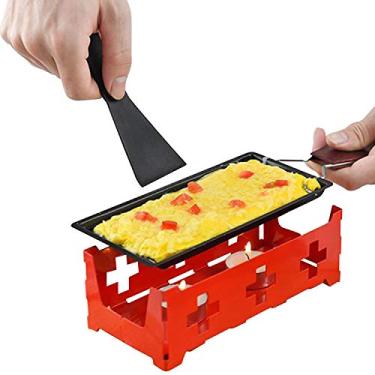 Imagem de Conjunto de Churrasqueira Raclette Antiaderente Panela Derretidora Queijo com Espátula Cabo Madeira Plegável Aço Carbono Utensílios Cozinha Derretido