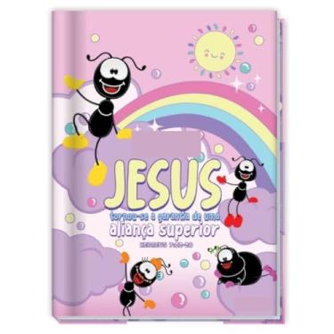 Imagem de Caderno Brochura 1/4 (A5) Tamanho Pequeno Cristão Formigas- 80 Folhas - Cristão Infantil Tamanho 14x20,2cm (Lilás - Jesus)
