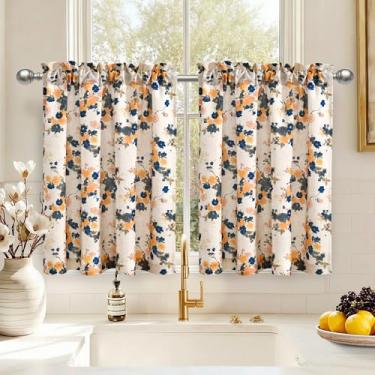 Imagem de DWCN Cortinas de linho floral para sala de estar, cortinas curtas para janela pequena, cortinas de bolso de 91 cm de comprimento para cozinha, café, porão - 106 x 91 cm, amarelo em bege, 1 par