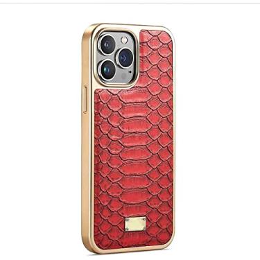 Imagem de ZEDEVB Capa de telefone traseira de couro PU, para Apple iPhone 14 Plus 2022 Padrão Python Capa à prova de choque com moldura dourada [Proteção de tela e câmera] (Cor: Vermelho)