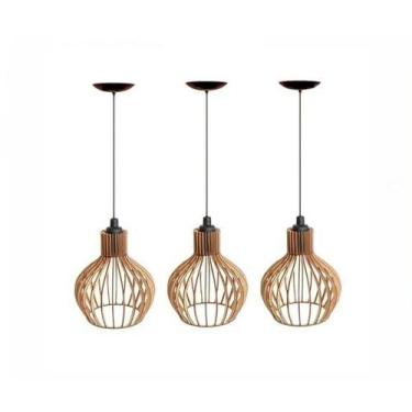 Imagem de KIT 3 Luminária Lustre Pendente Madeira Redondo Munique - Tayshop