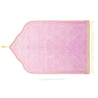 Imagem de caiydramy Tapete de oração com miçangas, tapete de oração de viagem islâmico rosa Janamaz Sajadah, Eid Ramadan Umrah Nikkah Mubarak, conjunto de tapete Tasbih de tecido macio de tafetá