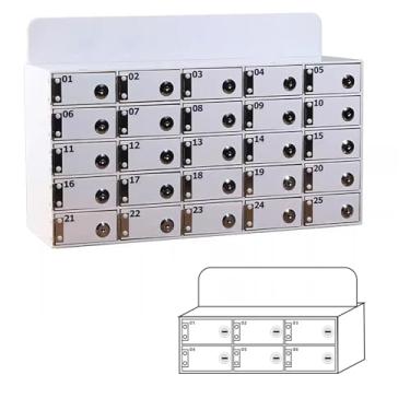 Imagem de Armários para celular de acrílico branco com 6 compartimentos – Armazenamento seguro com chaves individuais para escritórios e fábricas, soluções para cadeias de celular de funcionários de alta