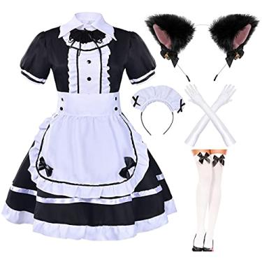 Imagem de Vestido japonês Anime Sissy Maid Cosplay Sweet Classic Lolita Fancy Avental Vestido com meias luvas, Preto com chapéu peludo, (Asia 2XL) Fit Weight 125-140Lbs