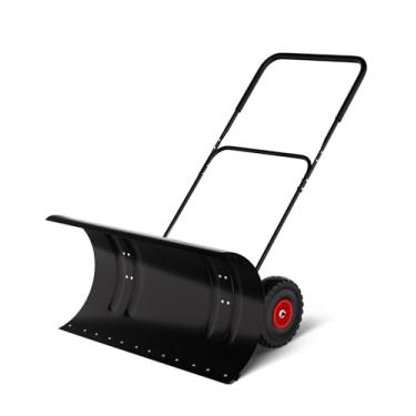 Imagem de Empurrador de neve com rodas, lâmina de aço resistente de 73,7 cm, ângulo ajustável e alça de altura para remoção de neve na entrada de garagem sem esforço, base de proteção do solo.