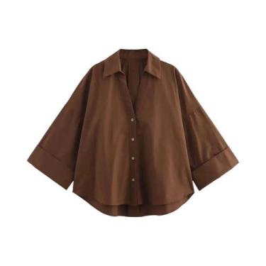 Imagem de Camisa Oversized Azul Claro Com Botões Para Mulheres, Decote Em V, Man