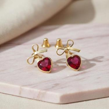 Imagem de Brinco Infantil Laço em Ouro 18k com Coração Vermelho - no-brand