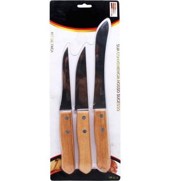 Imagem de Kit Jogo Facas Faqueiro Cozinha Churrasco Cabo Madeira 3Pçs