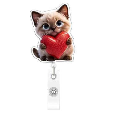 Imagem de Carretel engraçado de coração de gato, porta-crachá de dia dos namorados com clipe jacaré, lindo clipe de corações de gato siamês, retrátil, carretéis de crachá de acrílico, porta-crachá de dia dos