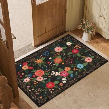Imagem de GarveeHome Tapete de área 2x3 Boho Floral Pequeno Tapete Antiderrapante Tapete de Pelo Baixo para Entrada, Cozinha, Porta da Frente Entrada Interna, Quarto das Crianças, Preto