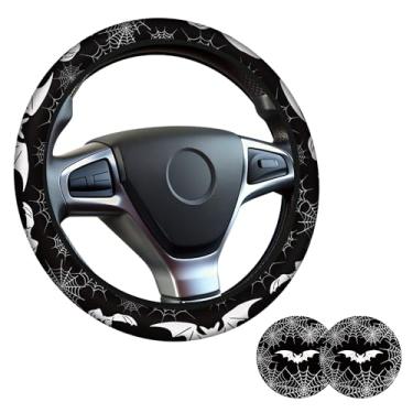 Imagem de Capa de volante de teia de aranha morcego, capa de volante de neoprene antiderrapante, acessório de carro de morcego para mulheres e homens, ajuste universal de 38 cm, SUVS, inclui 2 porta-copos de