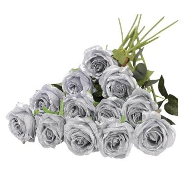 Imagem de 12 peças de buquê de rosas artificiais realistas para casamentos, aniversários e muito mais para arranjos florais e decoração de casa flor artificial (prata)