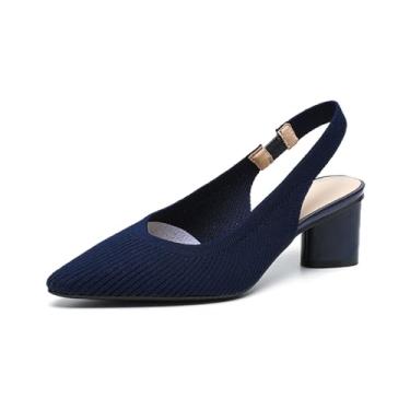 Imagem de AIVYFAJA Sandália feminina de malha de bico fino com tiras elásticas e costas nuas, salto grosso, confortável, casual, sem cadarço, para festa, trabalho formal, Azul escuro, 34