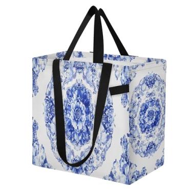 Imagem de SEHANY Sacolas de compras reutilizáveis de porcelana azul e branca com alças reforçadas, bolsa de compras de lona dobrável à prova d'água de grande capacidade para viagem, cozinha, praia