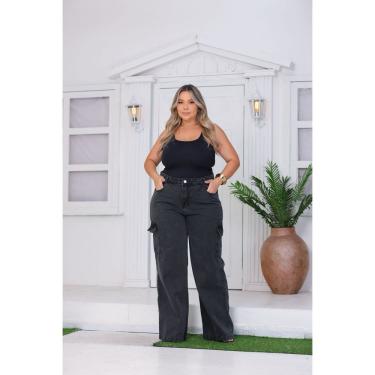 Imagem de Calça Cargo Feminina Cinza Grafite Plus Size Cintura Alta