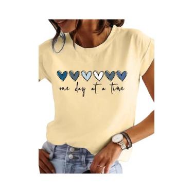 Imagem de Camiseta Casual Feminina Com Estampa De Coração, Manga Curta, Decote R
