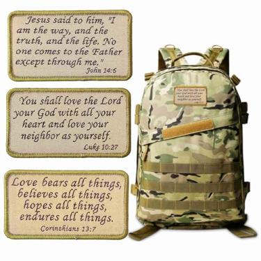 Imagem de 3 peças de patch de versículo religioso da Bíblia - Remendos bordados com citações da Bíblia com gancho e laço para mochilas táticas, equipamentos militares e roupas de fé (Cáqui)