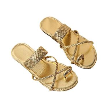 Imagem de Sandálias Femininas plus Size Com Clipe Dourado No Dedo, Salto Baixo, 