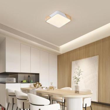 Imagem de Luminária Plafon Led Sobrepor Quadrado Detalhe De Madeira Branco Preto