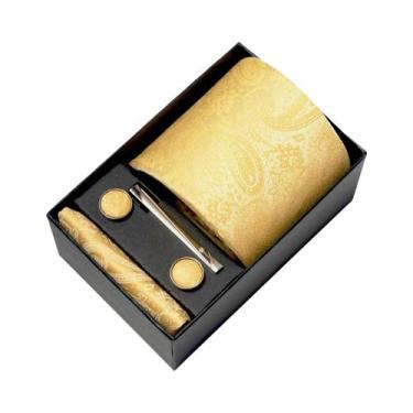 Imagem de Conjunto De Abotoaduras E Gravata Borboleta Marrom Paisley 8 Cm Com Le