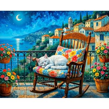 Imagem de AWLNKMC Gato lua flor lago pintura por números para adultos, kits de pintura DIY por números para adultos iniciantes sem moldura, tinta acrílica em tela kits de pintura para decoração de casa 40,6 x