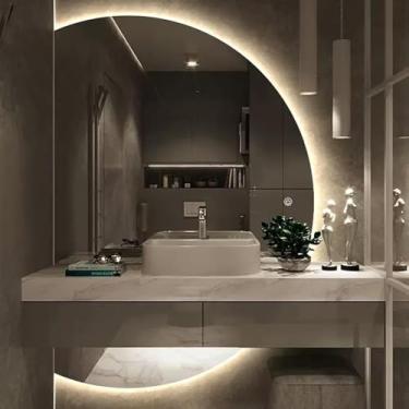 Imagem de Espelho De Parede Iluminado De 3 Cores, Espelho De Vaidade De Desembaçamento Para Banheiro, Espelho De Maquiagem Irregular, Espelho Decorativo De Meio Círculo, Left Cut, 33 * 47inch(84 * 120cm)