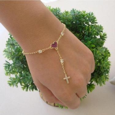 Imagem de Pulseira Estilo Terço Ponto De Luz Coração Rubi Cruz Banho De Ouro