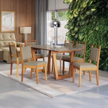 Imagem de Conjunto Sala De Jantar Lina Em Madeira Maciça 6 Cadeiras Linho Fendi 