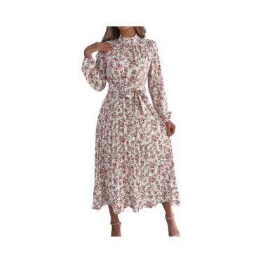 Imagem de Vestido Midi Floral Feminino Com Gola Alta, Zíper Frontal, Cintura Aju