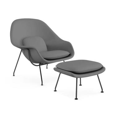 Imagem de Poltrona Womb Chair Premium com Puff Base Preta Sintético Cinza