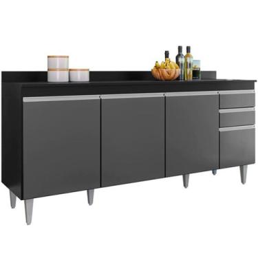 Imagem de Balcão para Cozinha 180 cm com Tampo 4 Portas Thais Preto/Grafite - Ma