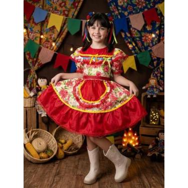 Imagem de Vestido Festa Junina Infantil Vermelho Junino Flores Laço Caipira Quad
