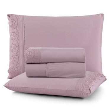 Imagem de Jogo de Cama Lençol Queen 4 Peças 200 Fios Lençol Plano Detalhe Bordad