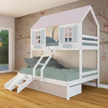 Imagem de Beliche Casal- Solteiro Casinha Bela 02 Gavetas Rosa Kit Escada-escorr