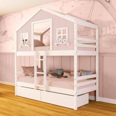 Imagem de Beliche Casinha Dos Sonhos Com 02 Gavetas Madeira Maciça Rosa/ Branco 